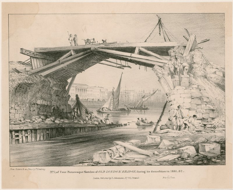 Náčrt starého londýnského mostu během jeho demolice v roce 1831, 1832 od English School