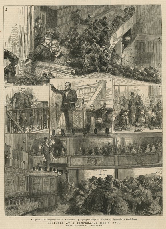 Náčrtky v Temperance Music Hall, The Great Central Hall, Bishopsgate od English School