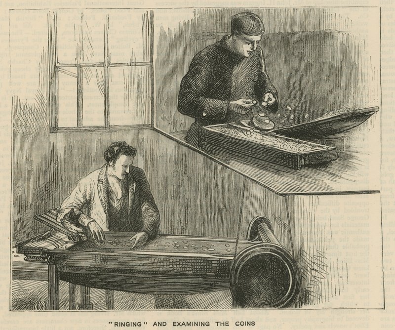 Skici v královské mincovně, Tower Hill; zvonění a zkoumání mincí od English School