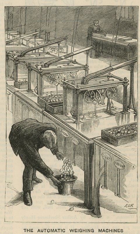 Skici v královské mincovně, Tower Hill; automatické váhy od English School