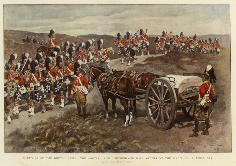 Náčrtky britské armády, Argyll and Sutherland Highlanders na pochodu v polní den (barevná litografie) od English School