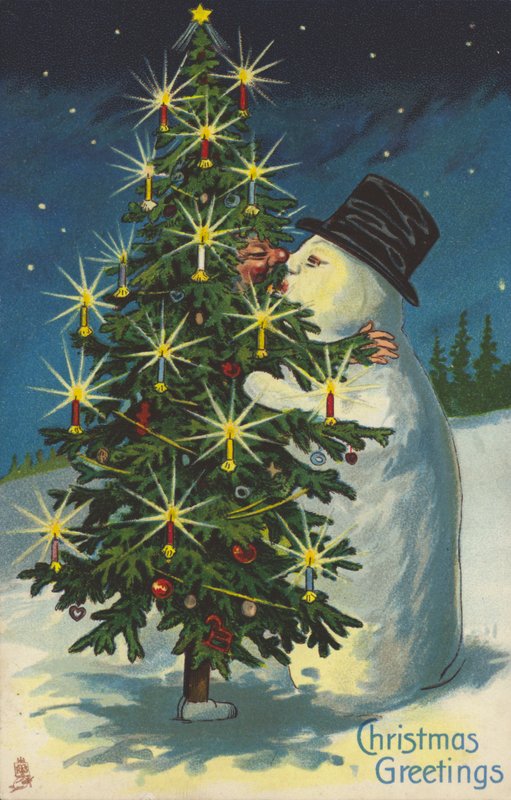 Sněhulák a vánoční strom líbání (chromolitho) od English School
