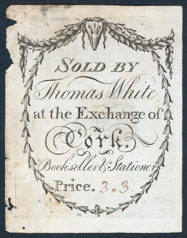 Prodává Thomas White na burze Cork, knihkupec a papírník, obchodní karta od English School