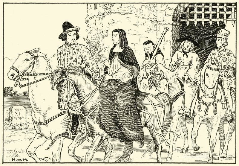 Někteří z Canterbury Pilgrims (inkoust na papíře) od English School