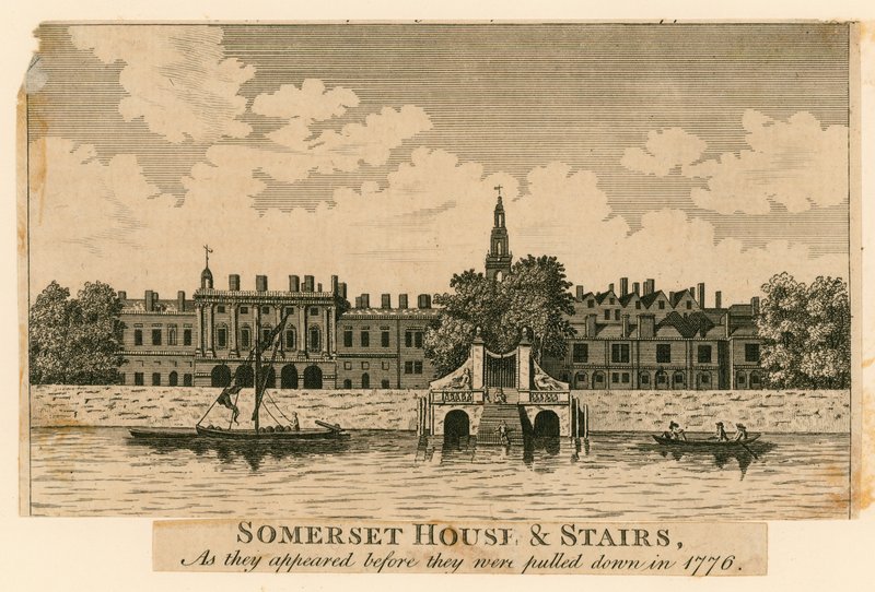 Somerset House a schody, jak vypadaly, než byly v roce 1776 strženy od English School