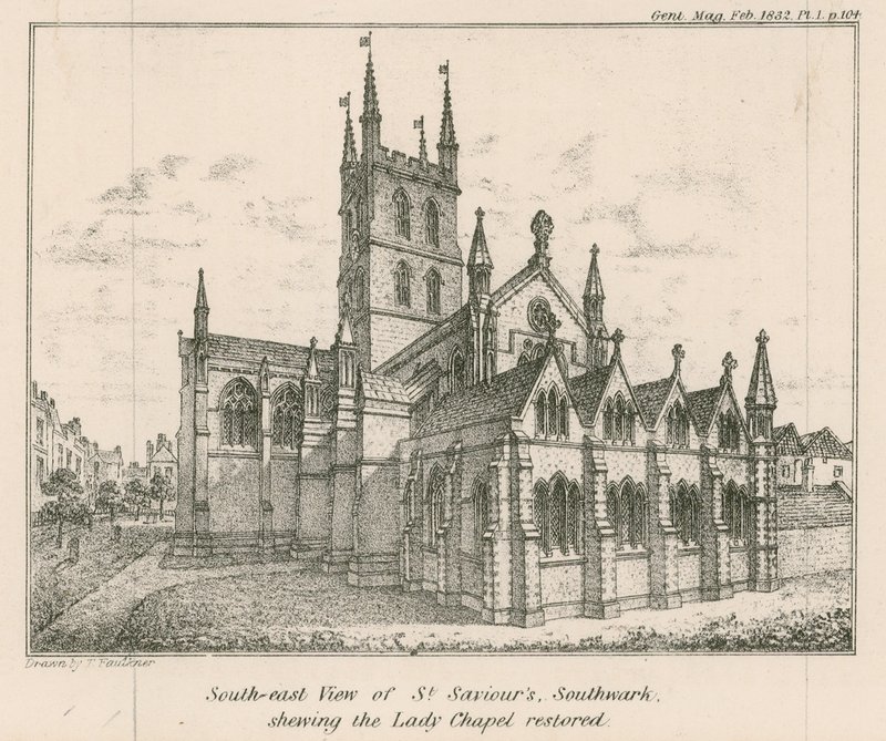 Jihovýchodní pohled na kostel St Saviors Church, Southwark, zobrazující obnovenou kapli Lady od English School