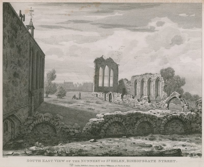Jihovýchodní pohled na Nunnery of St Helen, Bishopsgate Street, Londýn od English School