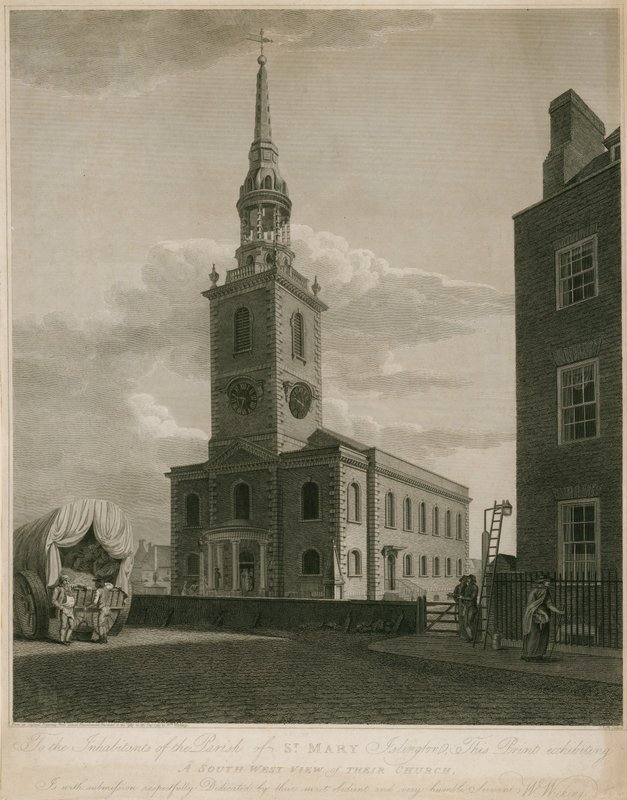 Jižní pohled na St Marys Church, Islington, Londýn od English School