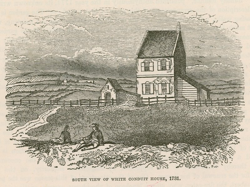 Jižní pohled na White Conduit House, Islington, Londýn od English School