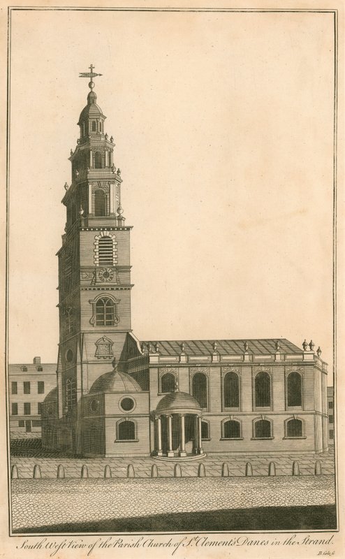 Jihozápadní pohled na farní kostel St Clements Danes v Strand od English School