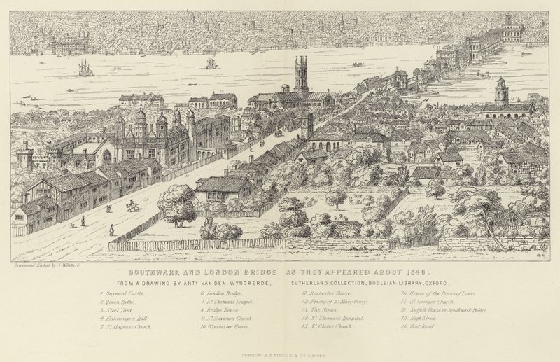 Southwark a London Bridge, jak se objevily kolem roku 1546 od English School