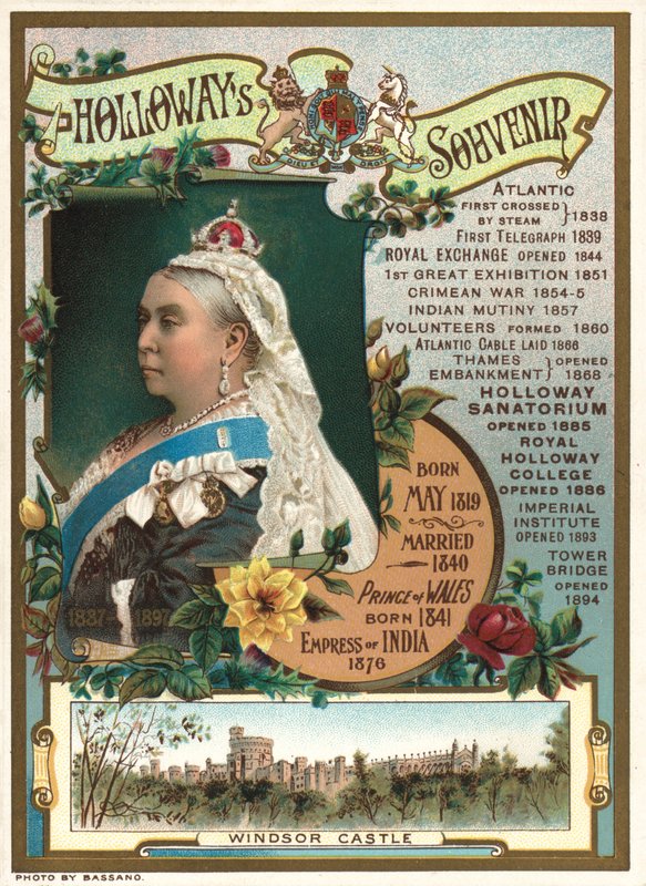 Suvenýr diamantového jubilea královny Viktorie v roce 1897 zobrazující klíčové události během její vlády (chromolitho) od English School