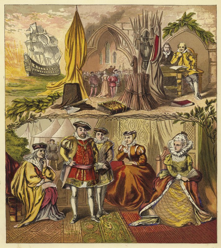 Sovereigns of the Line of Tudor; Král Jindřich VII., Král Jindřich VIII., Král Edward VI., Královna Marie, královna Alžběta I od English School