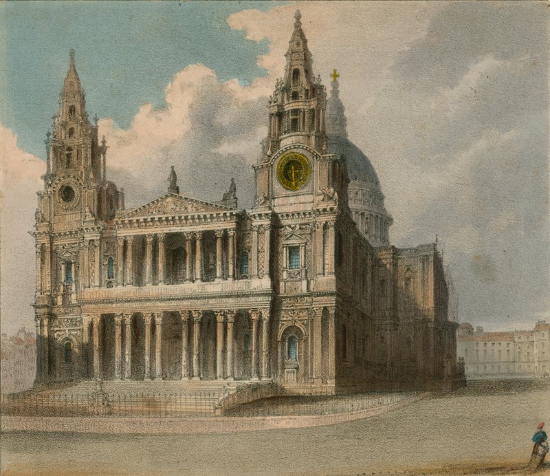 Spooners Protean Views: Katedrála St Pauls, ukazující stánky City Companies a Christs Hospital na návštěvě Queens v Guildhallu od English School