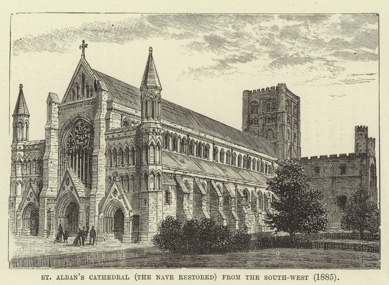 Katedrála St Albans, hlavní loď obnovena, od jihozápadu, 1885 od English School