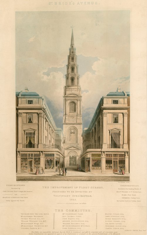 St Brides Avenue; Zlepšení ve Fleet Street v Londýně bylo navrženo na základě dobrovolného předplatného v roce 1825 od English School
