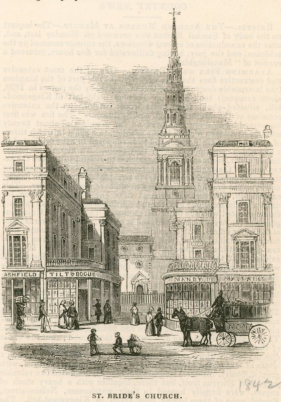 Kostel St Brides, Fleet Street, Londýn od English School