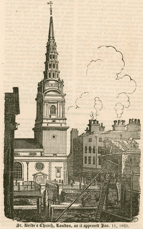 Kostel St Brides, Fleet Street, Londýn, jak to vypadalo 11. ledna 1825 od English School