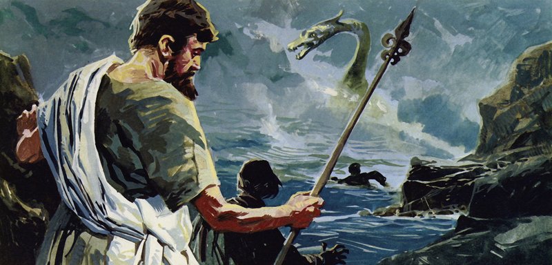 St Columba přišel k jezeru Loch Ness a uviděl muže, kterého zranila velká vodní příšera od English School