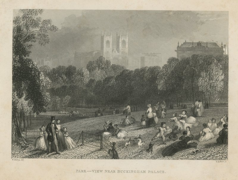 St Jamess Park, pohled na Buckinghamský palác od English School