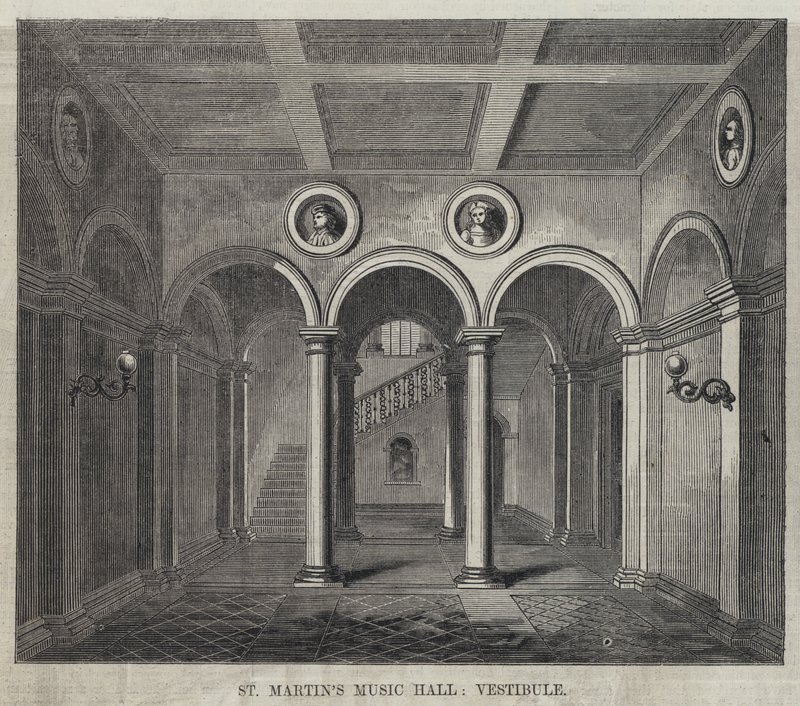 Svatomartinská hudební síň, vestibul (rytina) od English School
