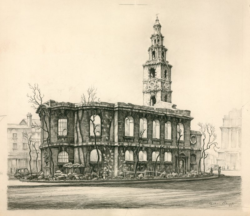 St Mary-Le-Strand, Londýn, skica tužkou z roku 1942 od English School