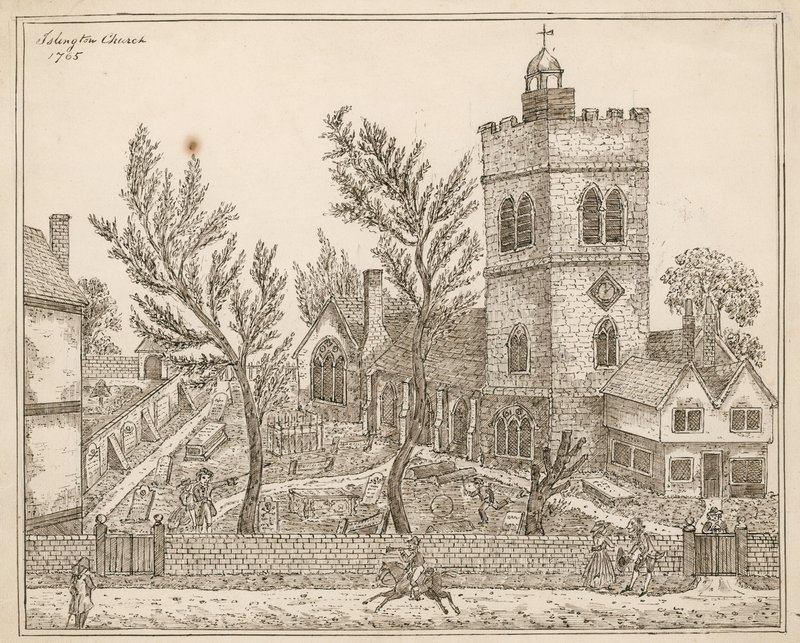 St Marys (starý kostel), Islington (inkoust na papíře) od English School