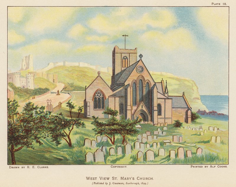 Kostel sv. Marie, Scarborough (barevná litografie) od English School