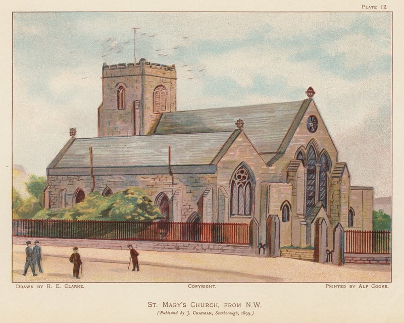 Kostel sv. Marie, Scarborough (barevná litografie) od English School
