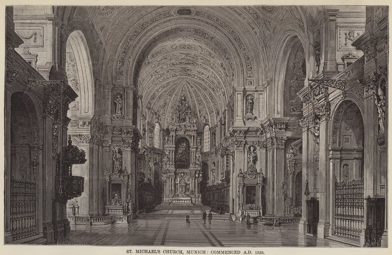 Kostel svatého Michaela, Mnichov, zahájeno 1538 n. l. (rytina) od English School