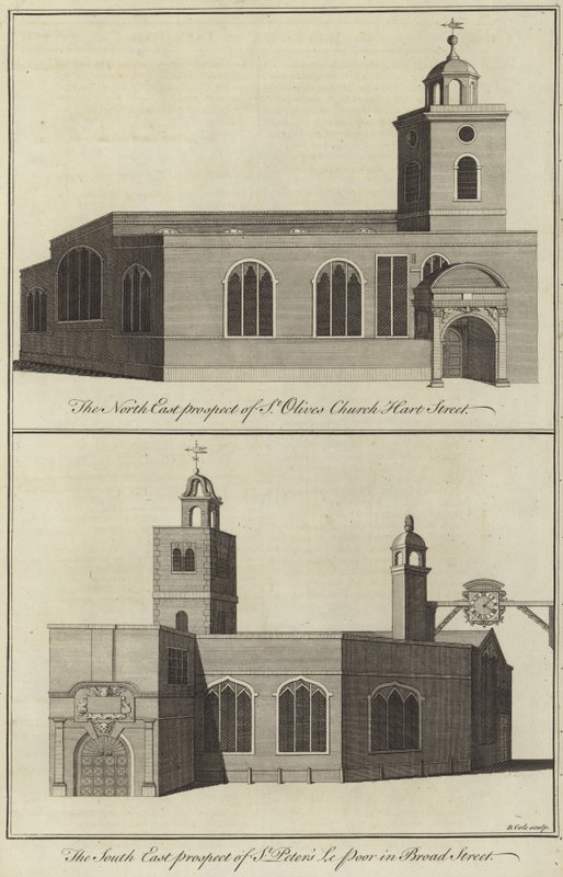 Kostel St Olave, Hart Street a kostel St Peter le Poor, Broad Street, Londýn od English School