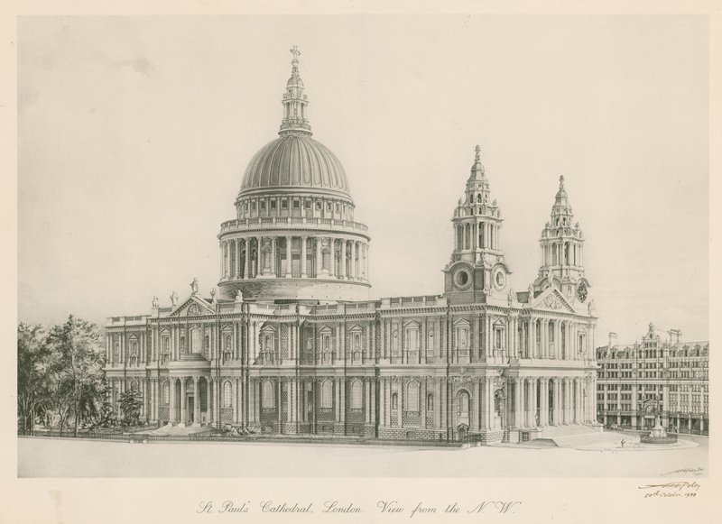 Katedrála St Pauls, Londýn, pohled od severozápadu od English School