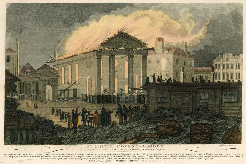 St Pauls, Covent Garden, Londýn, jak se zdálo v plamenech večer 17. září 1795 od English School