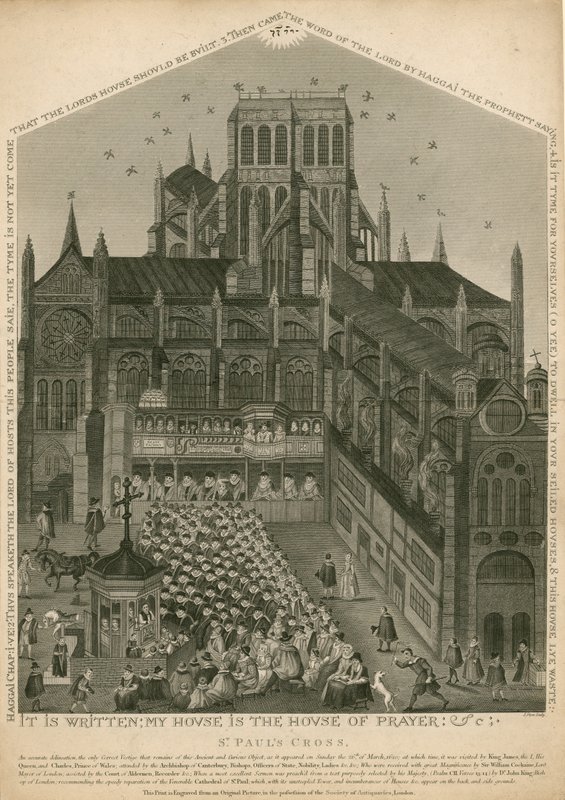 St Pauls Cross, Londýn, jak to vypadalo 26. března 1620 od English School