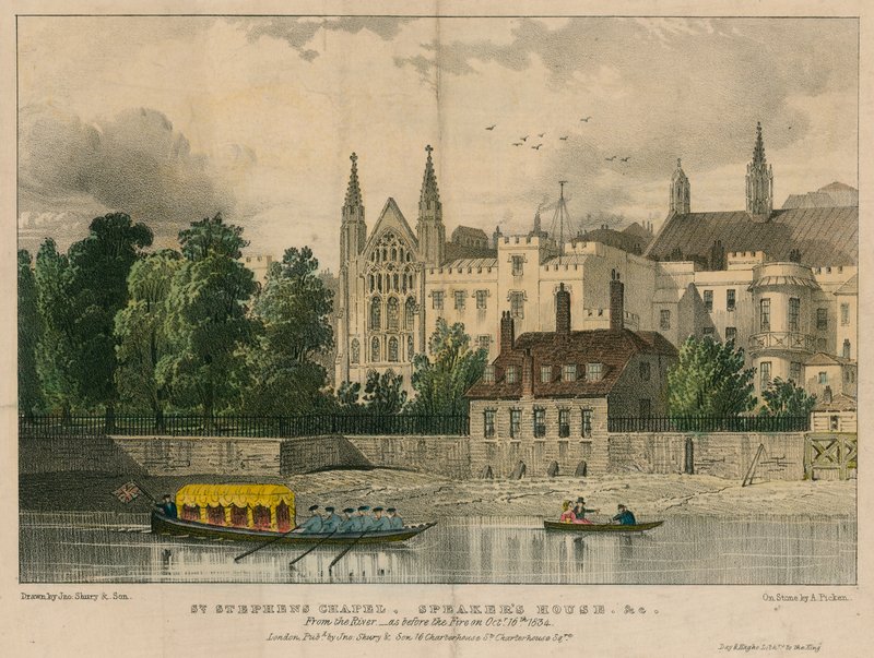 St Stephens Chapel, Speakers House atd., Westminster, Londýn, od řeky Temže od English School
