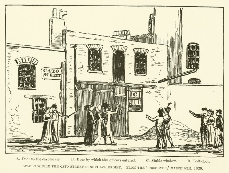 Stáj, kde se setkali Cato Street Conspirators, od Observer, 5. března 1820 (rytina) od English School