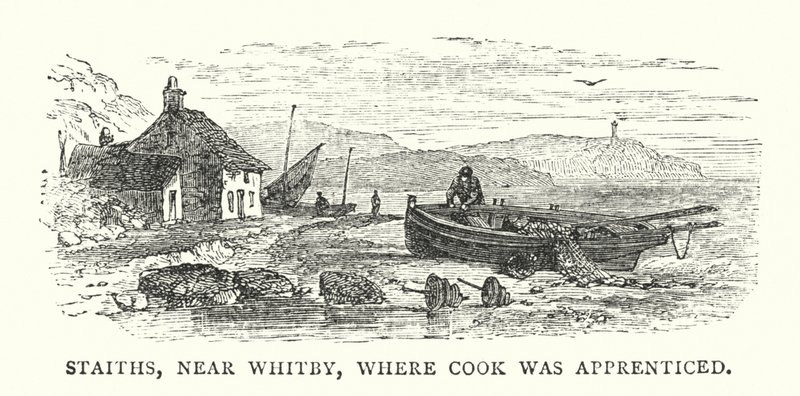 Staiths, poblíž Whitby, kde se Cook vyučil (barevné rytí) od English School