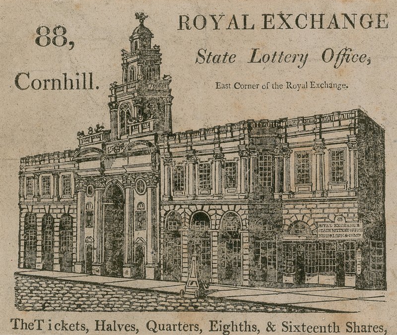 State Lottery Office, východní roh Royal Exchange, 88 Cornhill, Londýn od English School
