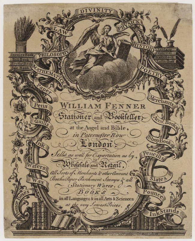 Papírník a knihkupec, William Fenner, vizitka od English School