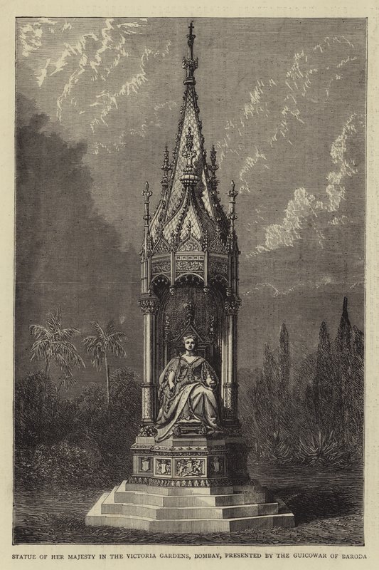 Socha Jejího Veličenstva ve Victoria Gardens, Bombay, předložená Guicowar z Baroda (rytina) od English School