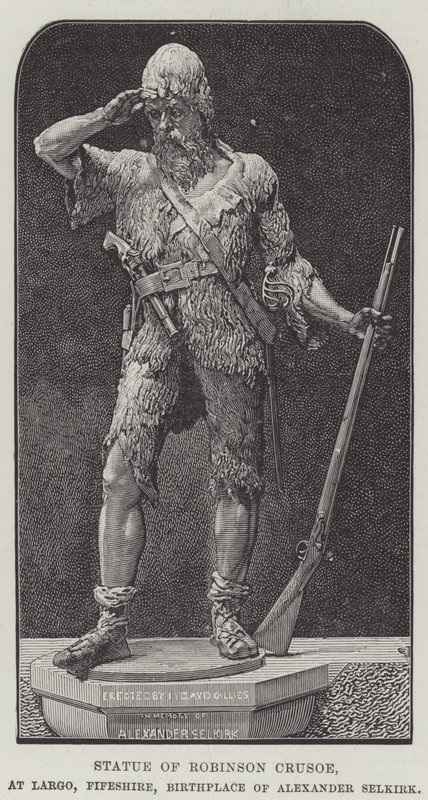 Socha Robinsona Crusoe, v Largo, Fifeshire, rodiště Alexandra Selkirka (rytina) od English School