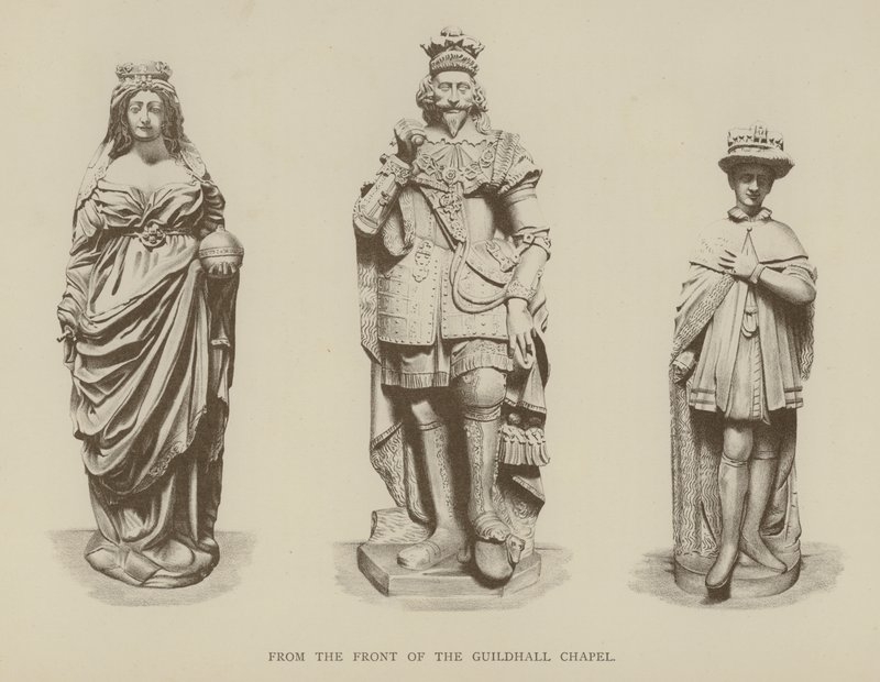 Sochy královny Alžběty I., krále Karla I. a krále Edwarda VI. z přední části Guildhall Chapel, City of London od English School