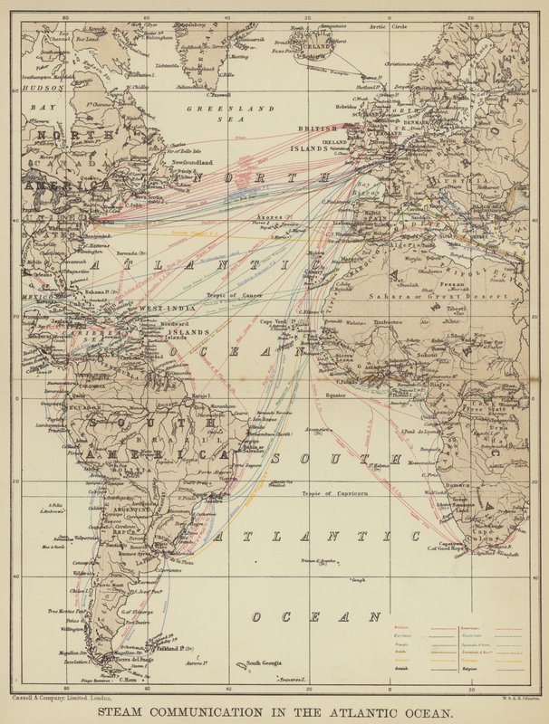 Parní komunikace v Atlantském oceánu (barevné litho) od English School