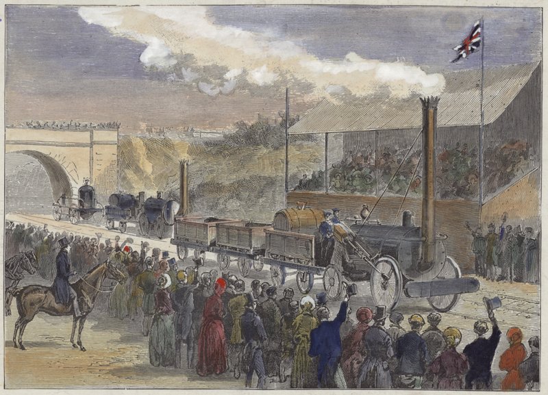 Stephensons Rocket jako první na soutěži lokomotiv v Rainhill v roce 1829 od English School