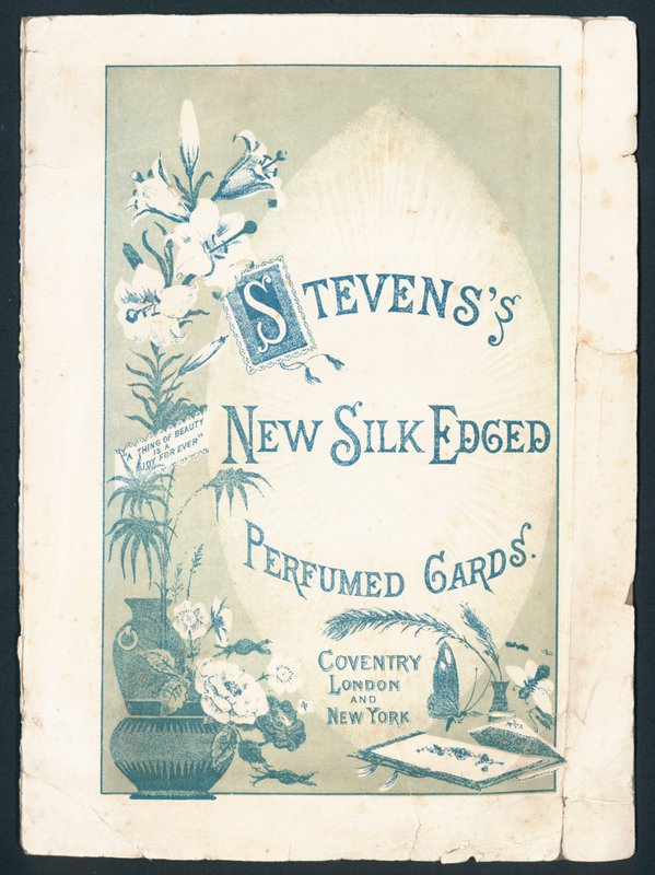Stevens hedvábí lemované parfémované karty, Coventry, Londýn a New York. Titulek zní: Krása je věčná radost. Viktoriánská reklama. od English School
