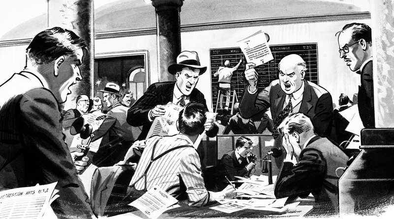 Kancelář obchodníka s cennými papíry během krachu na Wall Street v roce 1929 od English School