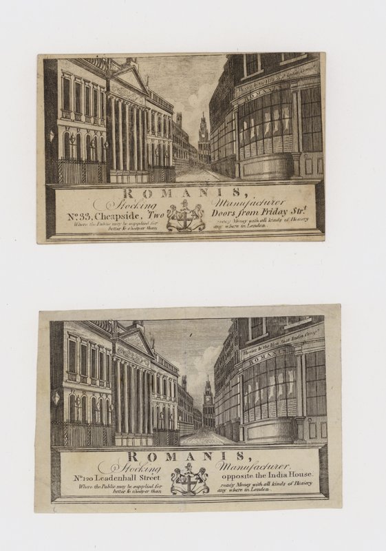 Výrobci punčoch, Romanis, v Cheapside a pak v Leadenhall Street, vizitka od English School