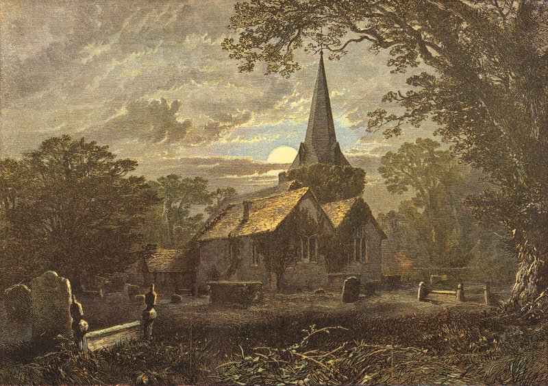 Hřbitov Stoke Poges, scéna Grayových elegií (rytina) od English School