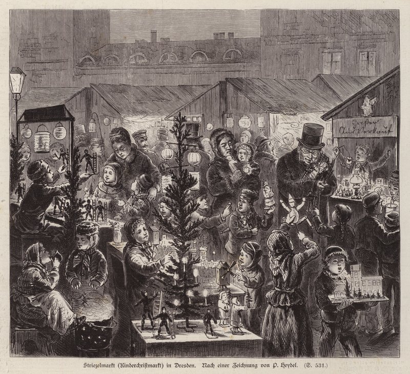 Vánoční trh Striezelmarkt, Drážďany, Německo (rytina) od English School