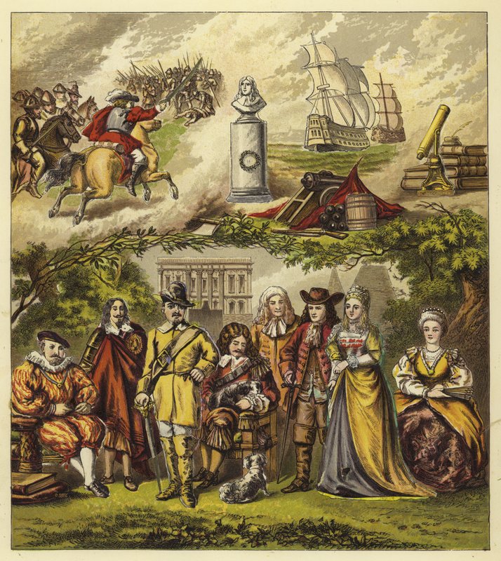 Stuartovci, Commonwealth a House of Orange; King James I, King Charles I, Oliver Cromwell, King Charles II, King James II, William and Mary, Queen Anne od English School